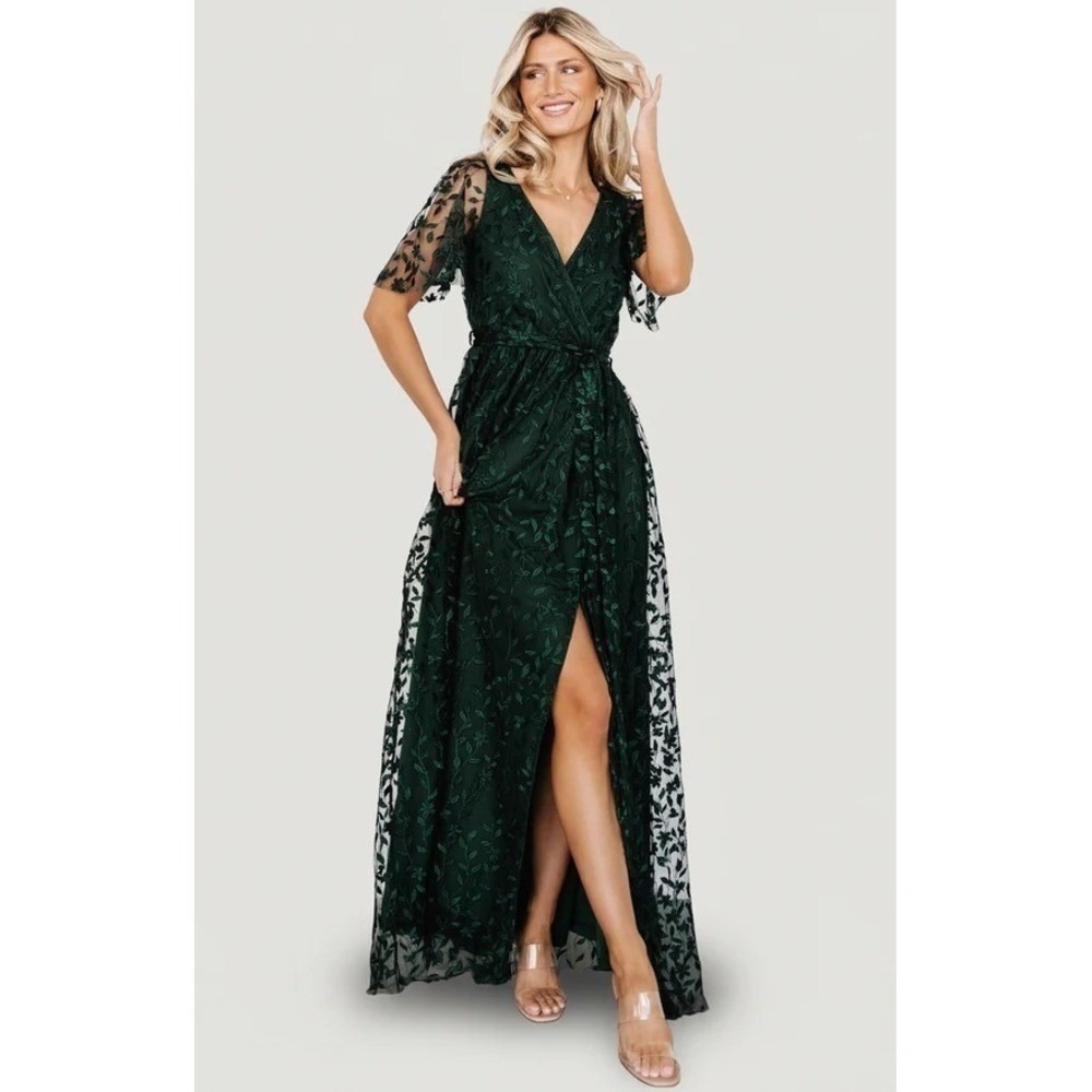 Baltic Born Marseille Embossed Maxi Dress Emerald Green Leaf Embroidered XL